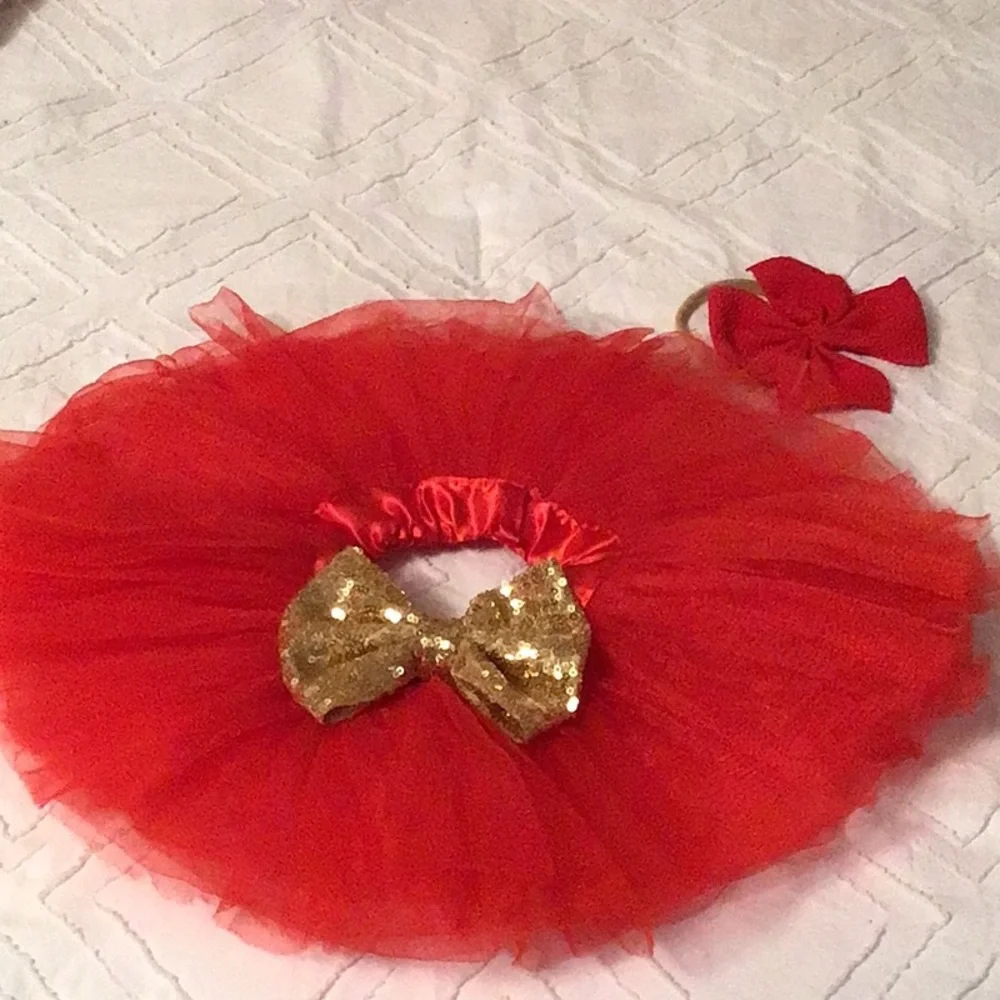 Red tulle tutu skirt with gold sequin bow and red headpiece